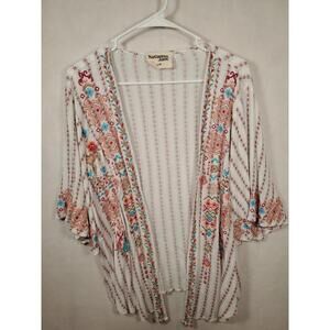 Savanna Jane • Embroidered Floral Aztec Boho Half Sleeve Open Wrap Kimono • S/M